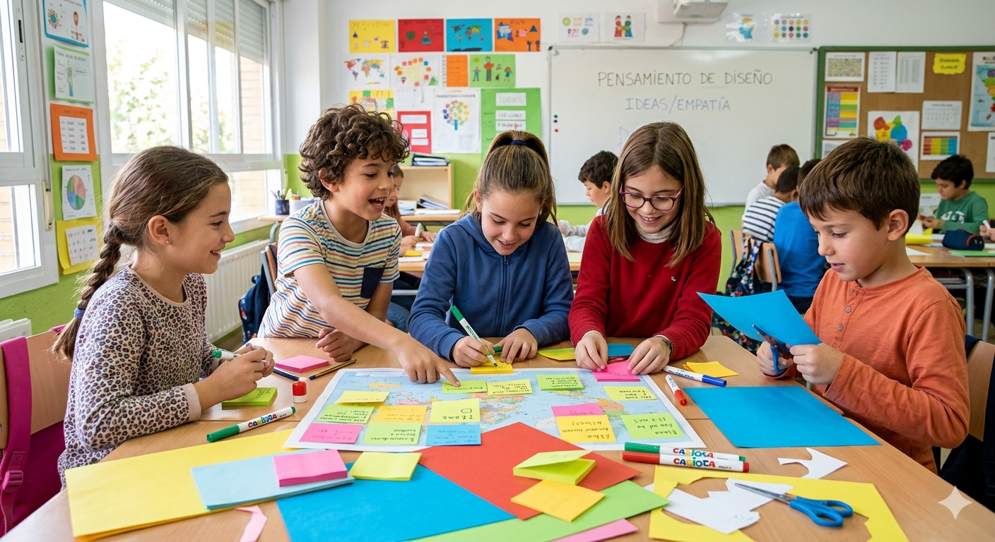 Design Thinking aula Primaria cinco fases pensamiento diseño educación post-its grupo