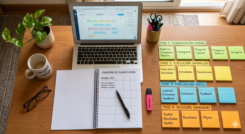 Docente diseñando un proyecto educativo con IA siguiendo las fases del Aprendizaje Basado en Proyectos