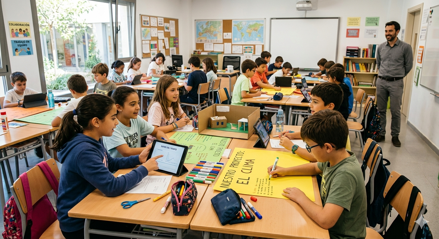 Alumnado de Primaria trabajando en proyectos con inteligencia artificial en el aula mediante ABP