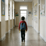 Cambio de centro por acoso escolar, alumno en pasillo del colegio con mochila