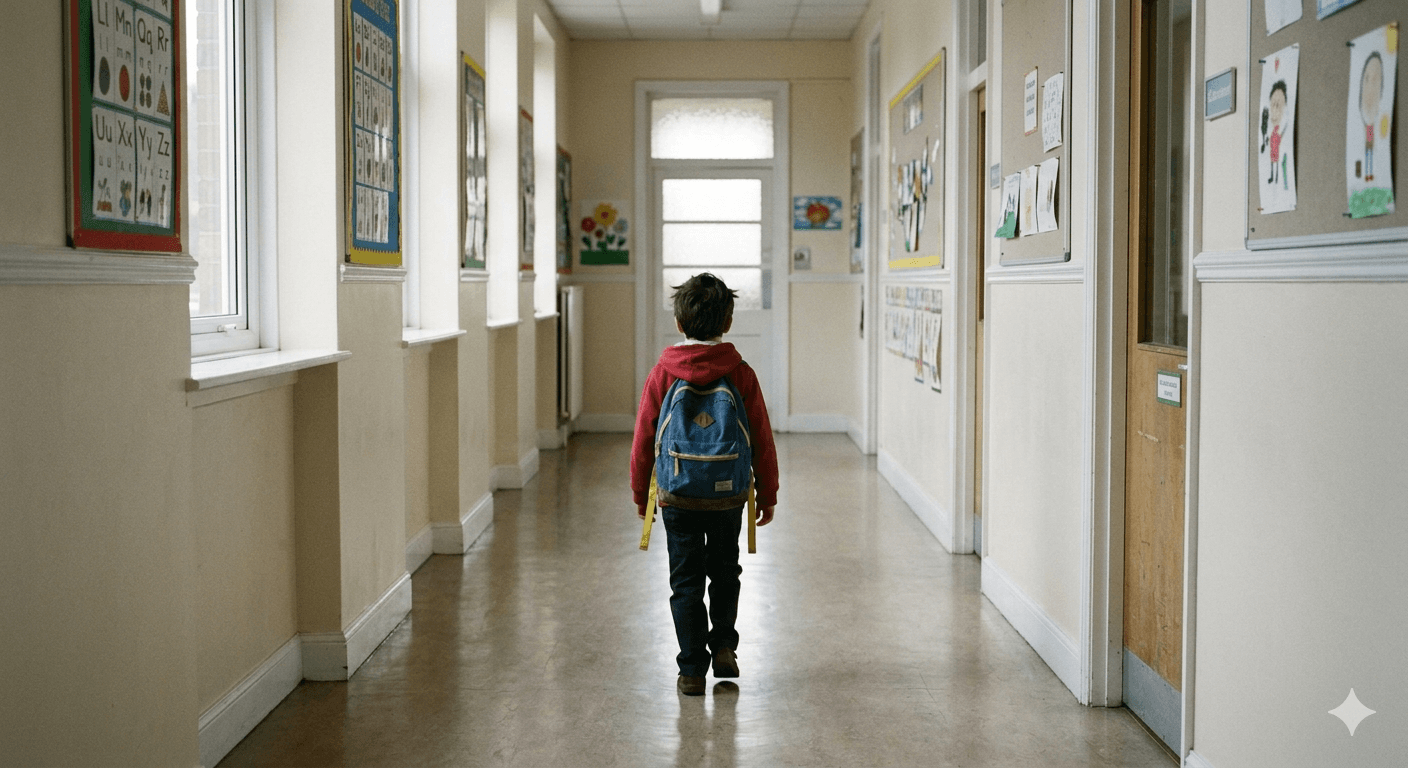 Cambio de centro por acoso escolar, alumno en pasillo del colegio con mochila