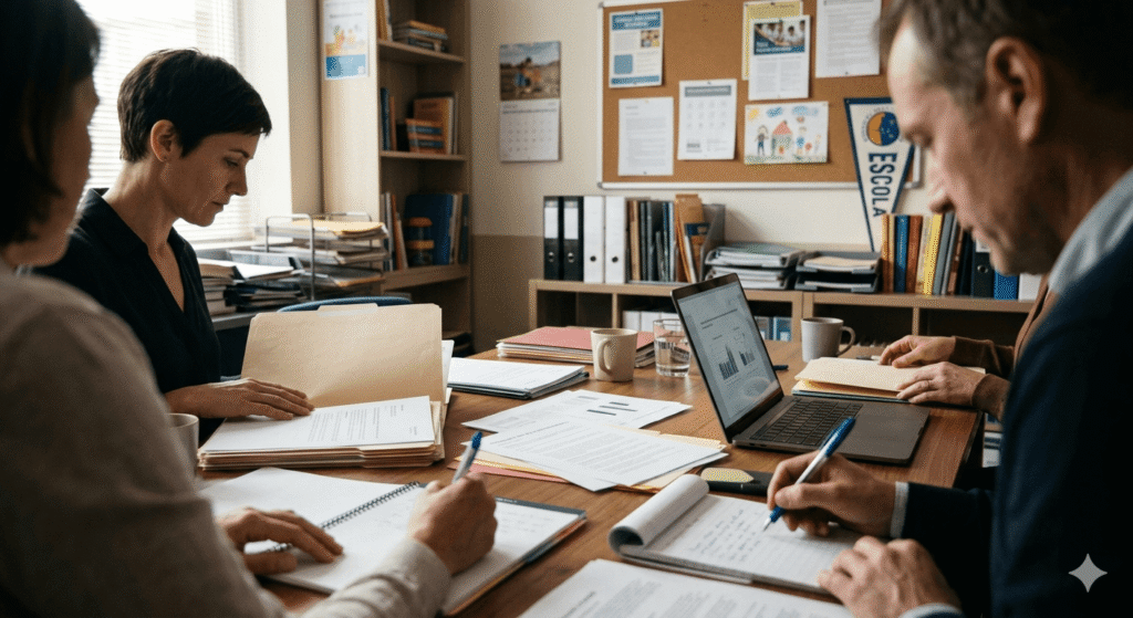 Equipo directivo gestionando un protocolo de acoso escolar con documentación