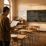 Conductas contrarias convivencia: profesor revisando normas en aula vacía