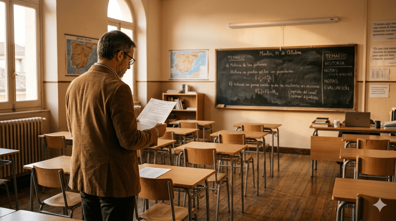 Conductas contrarias convivencia: profesor revisando normas en aula vacía