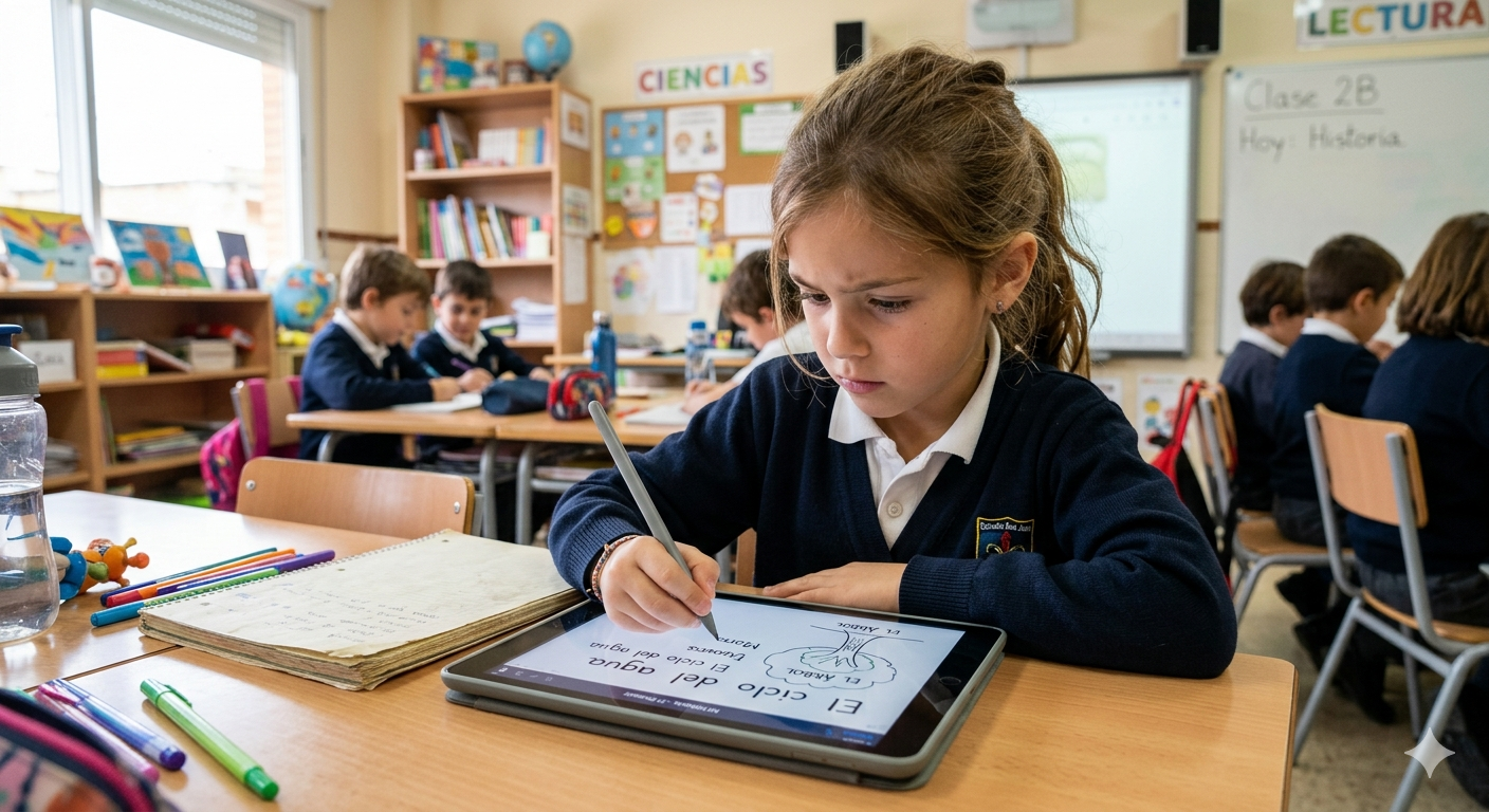 Alumno de Primaria practicando escritura creativa en una tablet en el aula