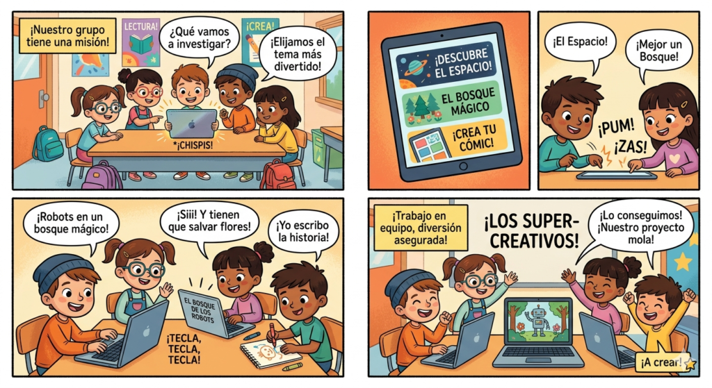 Actividad digital de escritura creativa en Primaria con cómic en pantalla
