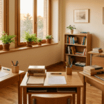 Aula de convivencia con mesas individuales y materiales formativos en un centro educativo