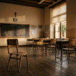 Expulsión del aula: silla apartada en aula vacía tras incidente disciplinario