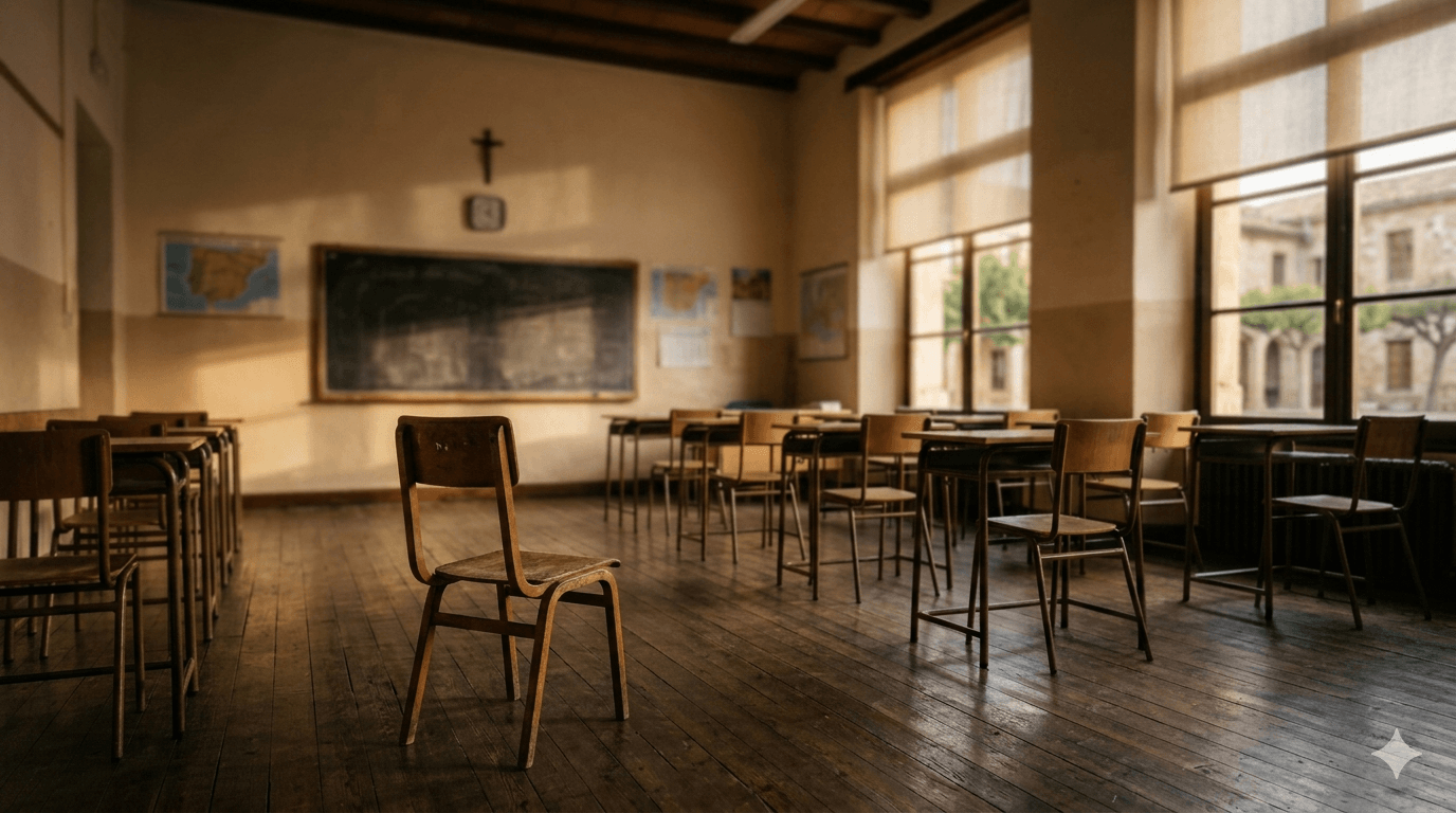 Expulsión del aula: silla apartada en aula vacía tras incidente disciplinario