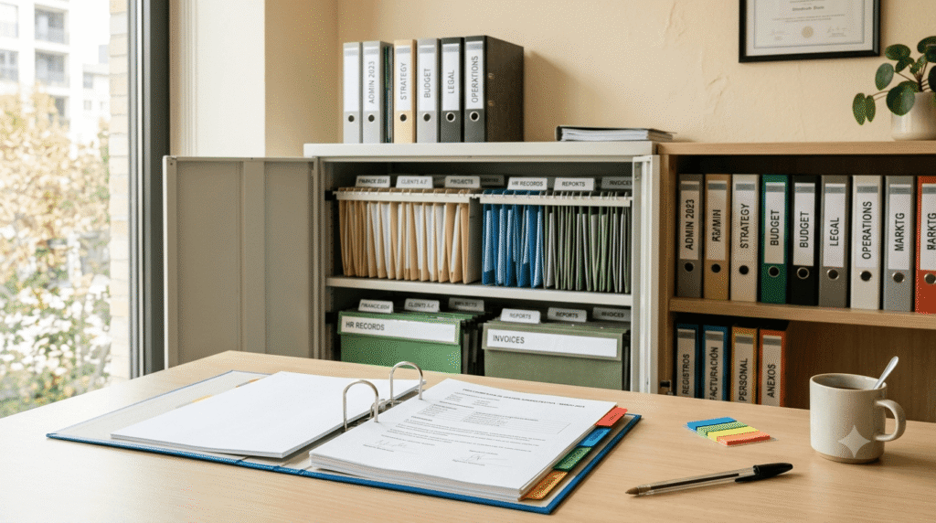 Archivador con expedientes disciplinarios en oficina de Inspección