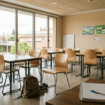 Detectar acoso escolar: aula vacía con una silla apartada y mochila