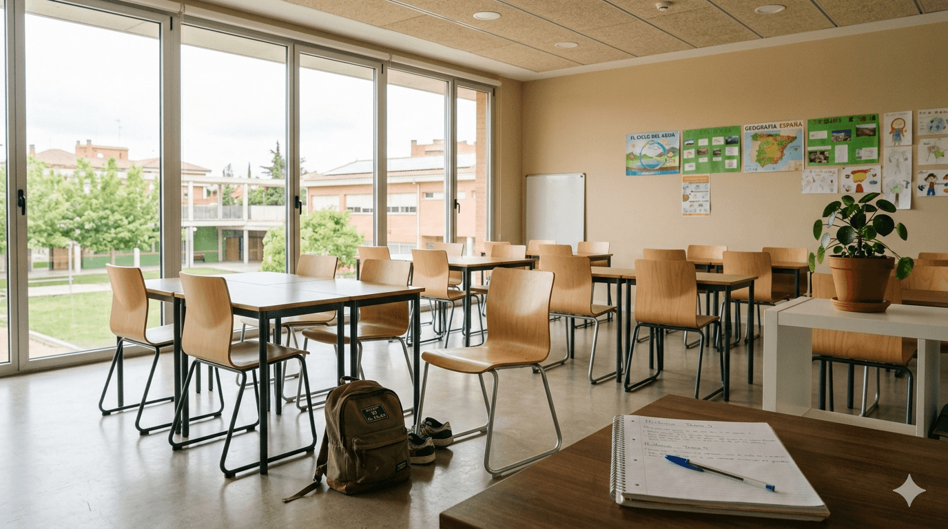 Detectar acoso escolar: aula vacía con una silla apartada y mochila